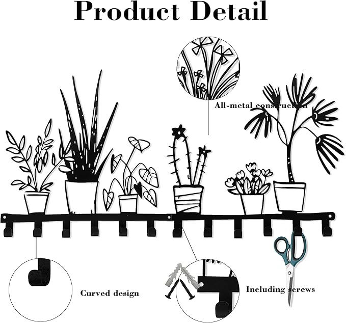 Black Metal Large Wall Mount Rack Set of 2 with 12 Hooks, Unique Wall Hooks for Clothes, Hat, Bag, Key, Cute Wall Hanger for 