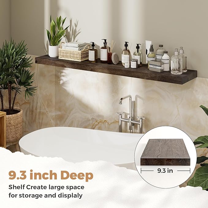 RICHFOCUS Elm Floating Shelves for Wall - 48" W x 9.3" D Rustic Solid Wood Shelves with Invisible Bracket, Wall-Mounted for L