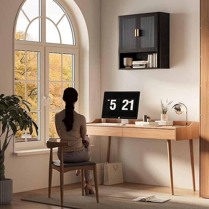INNOD Bathroom Wall Cabinet, Wall-Mounted Medicine Cabinet with Adjustable Wood Shelf & Doors, Floating Bathroom Cabinet Over