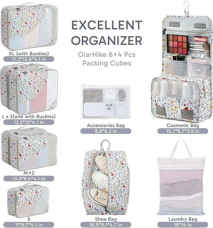 10 Set Packing Cubes for Travel, Gifts for Women Mom,Anti-Tearing Suitcase Organizer for Luggage with Shoe & Hanging Toiletry