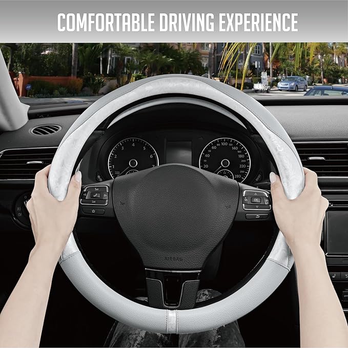 PIC AUTO Steering Wheel Cover, Silver Patterned Leather Patchwork Design, Universal Fit 14.5"–15.5", Anti-Slip, Odor-Free, So