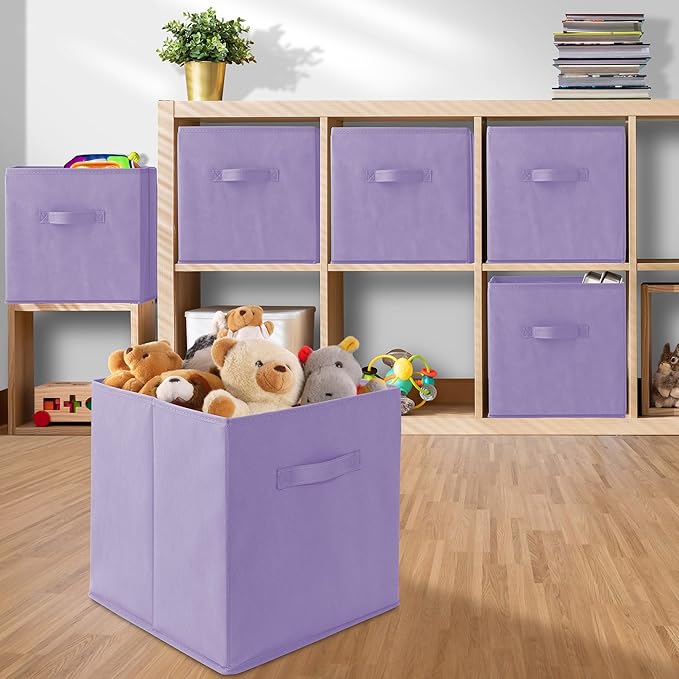 Casafield Set of 6 Collapsible Fabric Cube Storage Bins, Lavender - 13" Foldable Cloth Baskets for Shelves, Cubby Organizers 