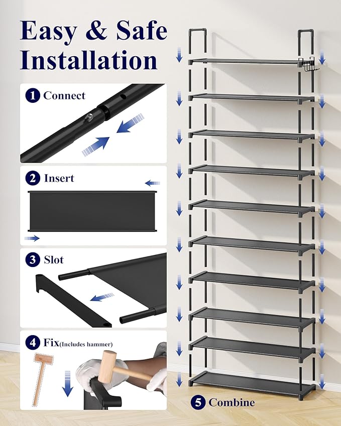 Kitsure Shoe Rack for Closet - 10-Tier Shoe Organizer with Hook Rack, Large-Capacity & Space-Saving Shoe Shelf for Entryway, 