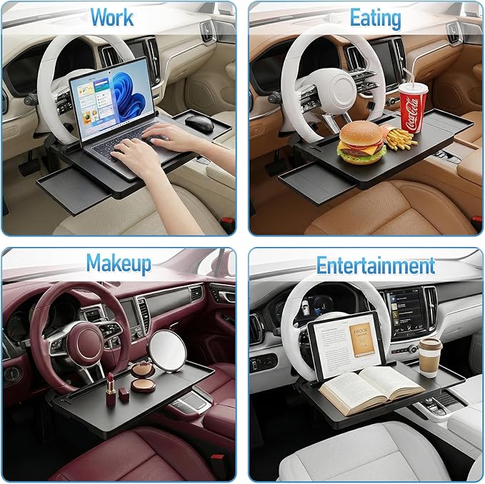2 in 1 Steering Wheel Desk with Dual Slide Out Trays - Adjustable Laptop Holder for car with Tablet Slot Anti Slip Surface for Eating Writing Working Fit for Car SUV