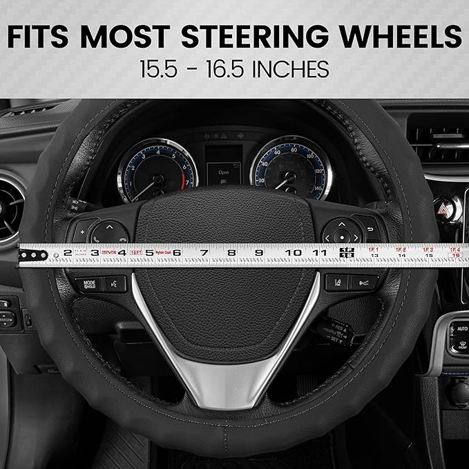 BDK Genuine Black Leather Steering Wheel Cover for Car, Large 15.5-16 inch – Ergonomic Comfort Grip for Men & Women, Car Stee