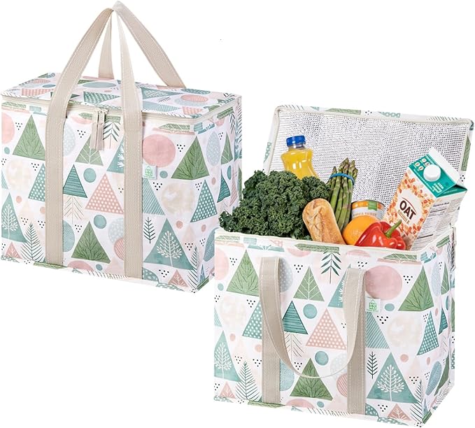 VENO 2 Pack Cooler Bag, Insulated Grocery Bags for Food Delivery, Collapsible Cooler, Reusable Shopping Bags for Groceries, Hard Bottom, Water Resistant, Zippered, Foldable (Pastel Forest, 2 Pack)