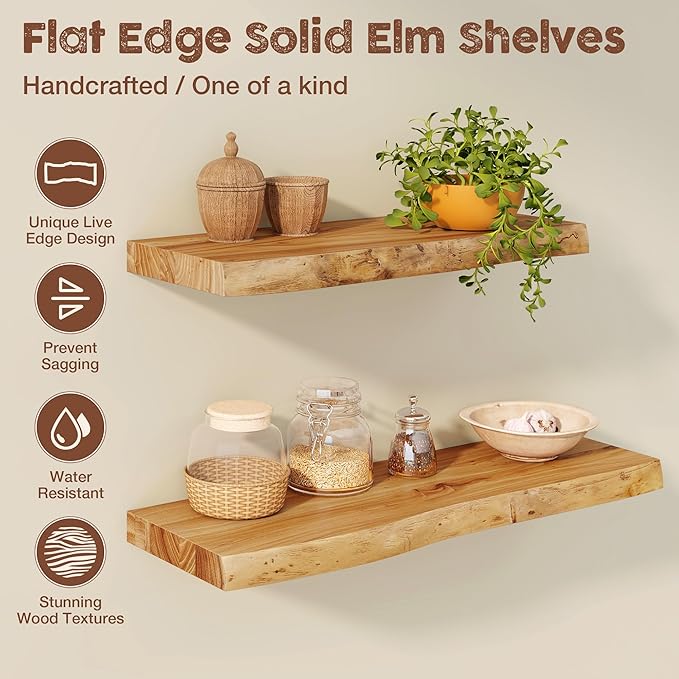 fuqing Live Edge Floating Shelves for Wall 20 inch, 8 Inch Deep Solid Elm Wood Floating Wall Shelves - Rustic Wooden Shelves 