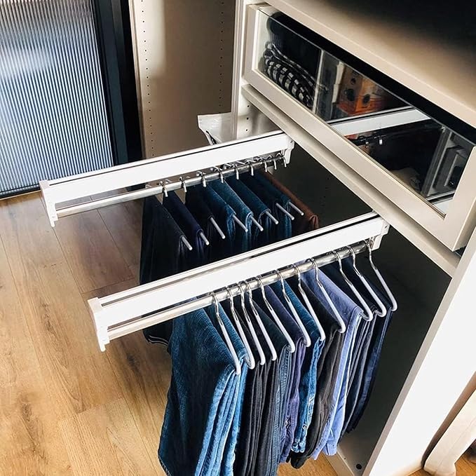 Pull Out Clothes Rail Extendable Pull Out Closet Rod - Wardrobe Pull-Out Trousers Rack, Adjustable Clothing Organizer Holder,