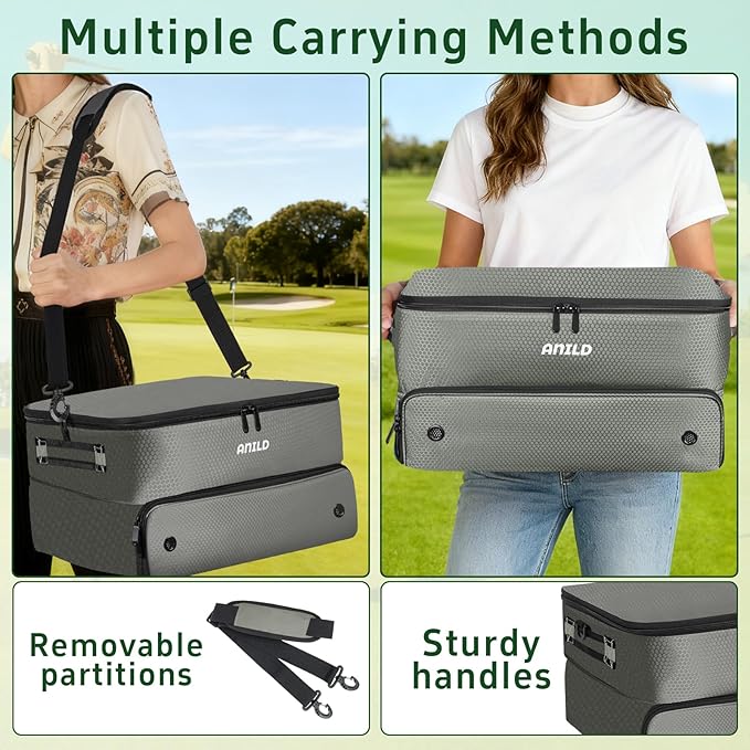 ANILD Golf Trunk Organizer, 2 Layer Golf Storage Case with Separate Ventilated Compartment for 2 Pair Shoes, for Balls, Tees,
