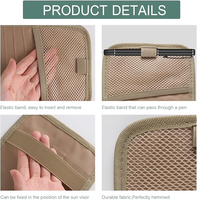 Sun Visor CD Holder, 12-Capacity Car Visor Organizer with DVD Sleeves and Mesh Pocket, Universal Visor Storage for Vehicle CD Case and Pen Holder Ergonomic Design (Khaki 1 Pcs)