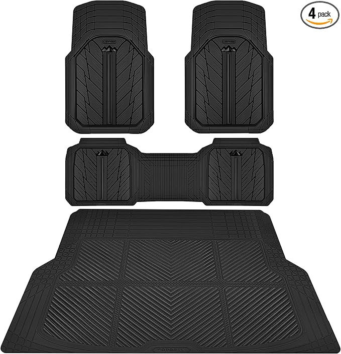 CAR PASS Floor Mats for Cars M-L Size, Heavy Duty Rubber Floor Mats with Trunk Cargo Liner, Universal Trim-to Fit Automotive Floor mats for Truck Van SUV Waterproof All Weather Car Mats Solid Black