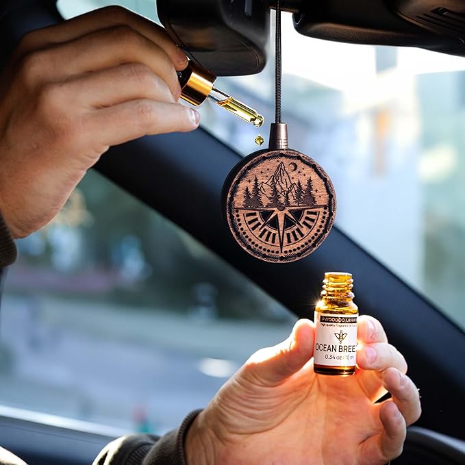 Wood Car Air Freshener — Handmade Car Air Freshener — Compass Mountains Designed Fragrance Oil Diffuser in Wooden Gift Box — 