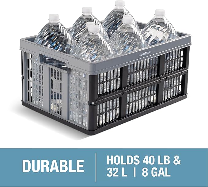 CleverMade Collapsible Utility Crate, Stone, 1PK - 32L (8 Gal) Collapsible Storage Bins, Holds 40lbs Per Bin - Plastic Stacka