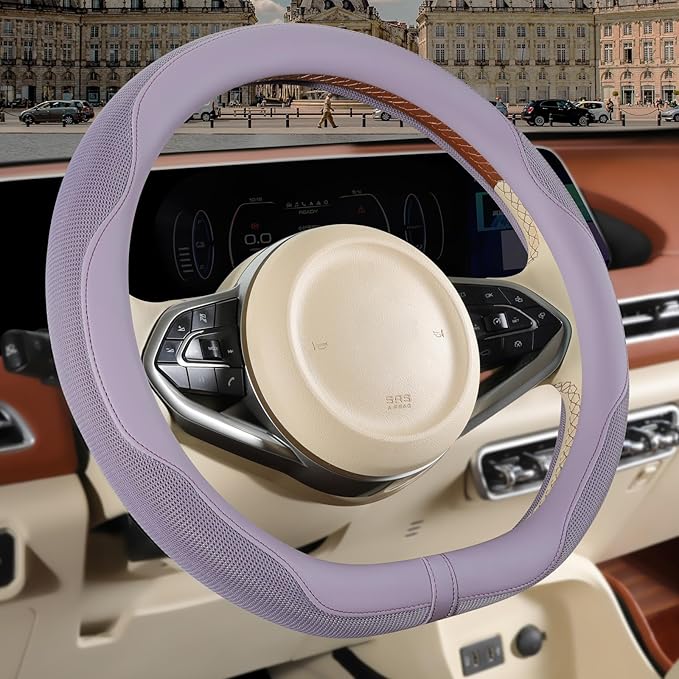 Nappa Leather Purple D Shape Steering Wheel Cover, Advanced Microfiber Leather Non-Slip Breathable Fabric, Warm in Winter and