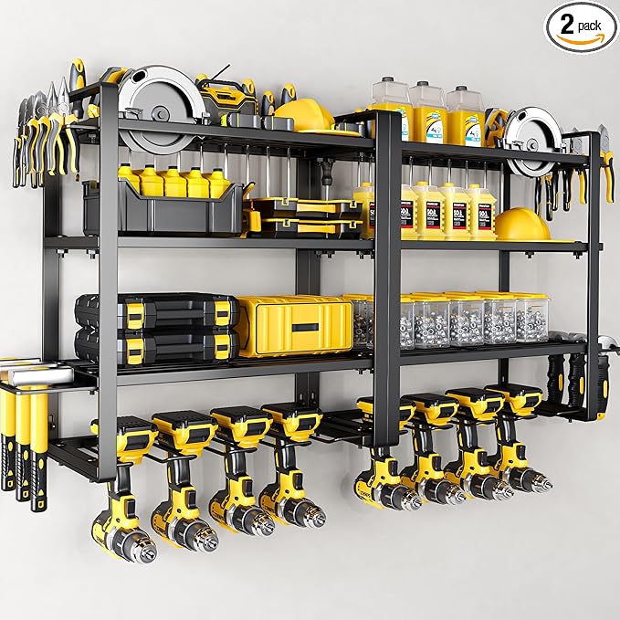 Hipidian Power Tool Organizer Wall Mount - Storage Rack with 4 Drill Holders for Drills Cordless Tools. Heavy Duty Iron Garag