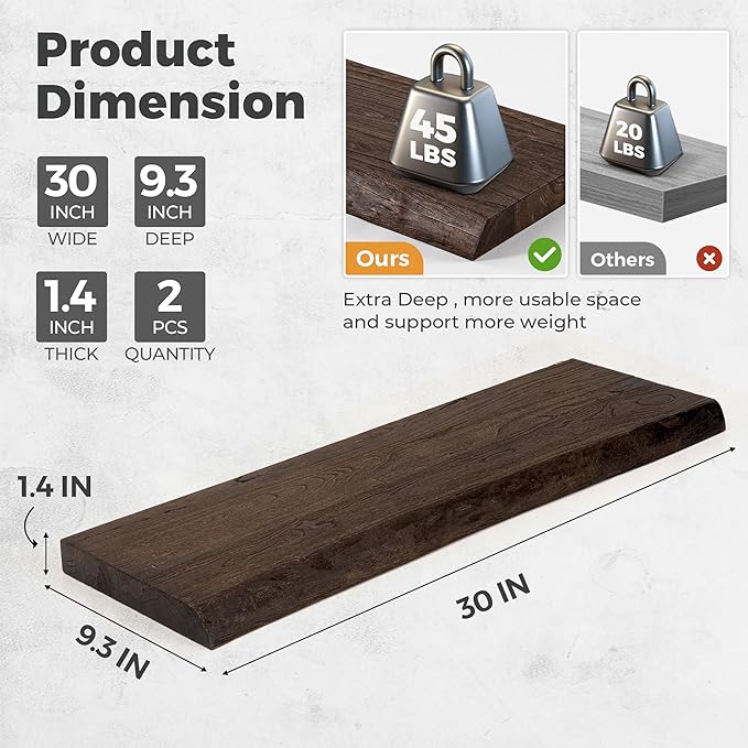 RICHFOCUS Live Edge Elm Floating Shelves - 30" W x 9.3" D Rustic Solid Wood Wall Shelves with Invisible Bracket, Wall-Mounted
