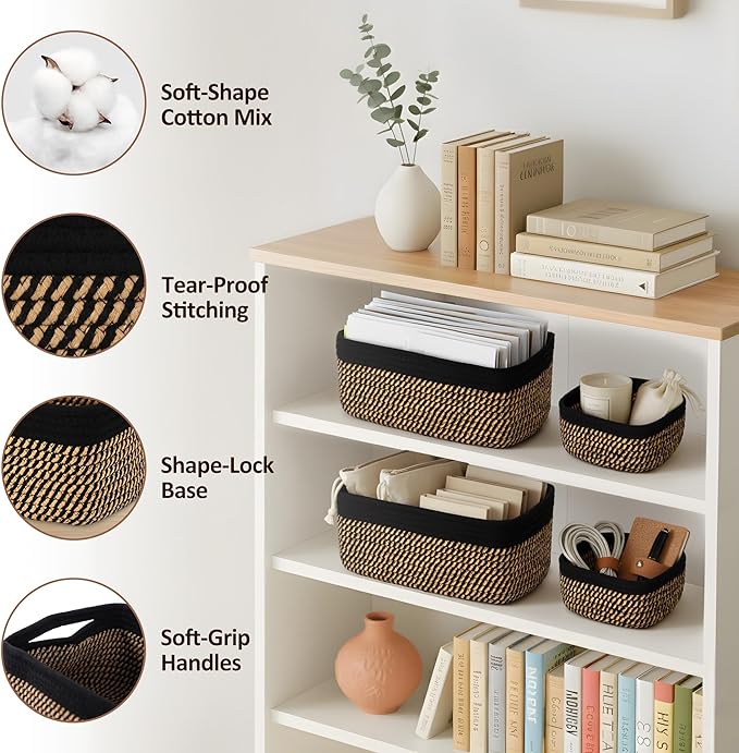 5-Pack Small Woven Rope Storage Baskets – 2 Sizes Organizer Bins for Closet, Shelf, Bookshelf, Nursery, Changing Table, Fabri