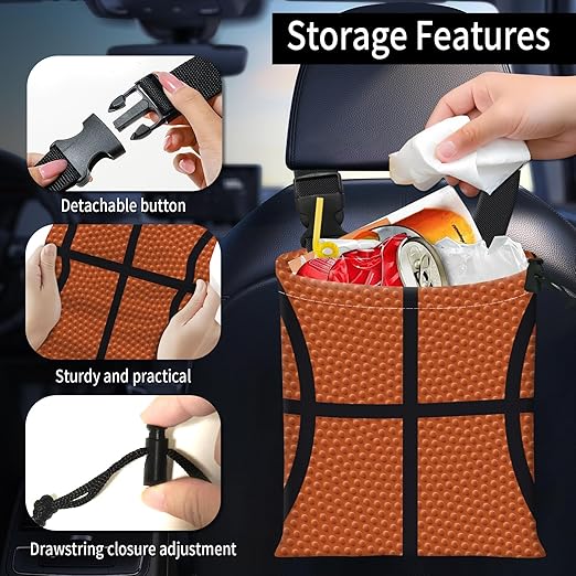 Car Trash Bag Large Hanging Can for Back of Seat, Cute Waterproof Car Garbage Bag for Vehicle, Travelling, Outdoor Basketball Skin Pattern