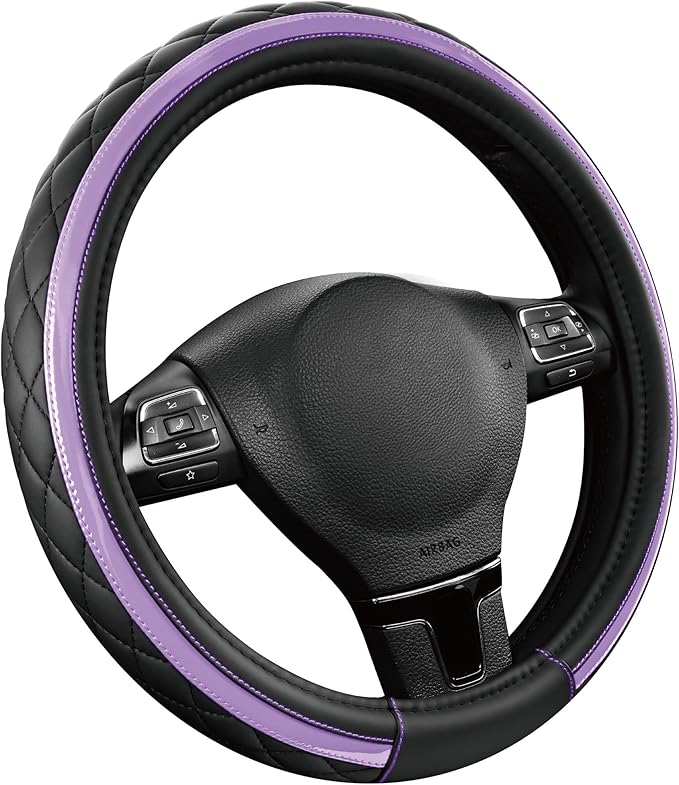 Road Comforts Leather Steering Wheel Cover – Black & Purple, Universal Fit 14.5-15 Inch, Microfiber Leather, Anti-Slip & Brea