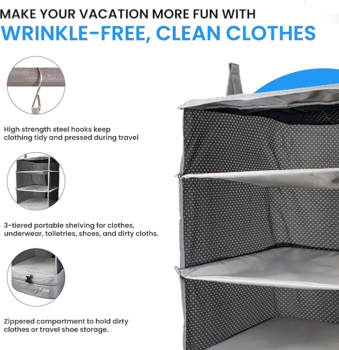 Grand Fusion Stow-N-Go Portable Hanging Travel Shelves, Packing Organizer for Luggage. Carry on Closet with Hanger for Clothe