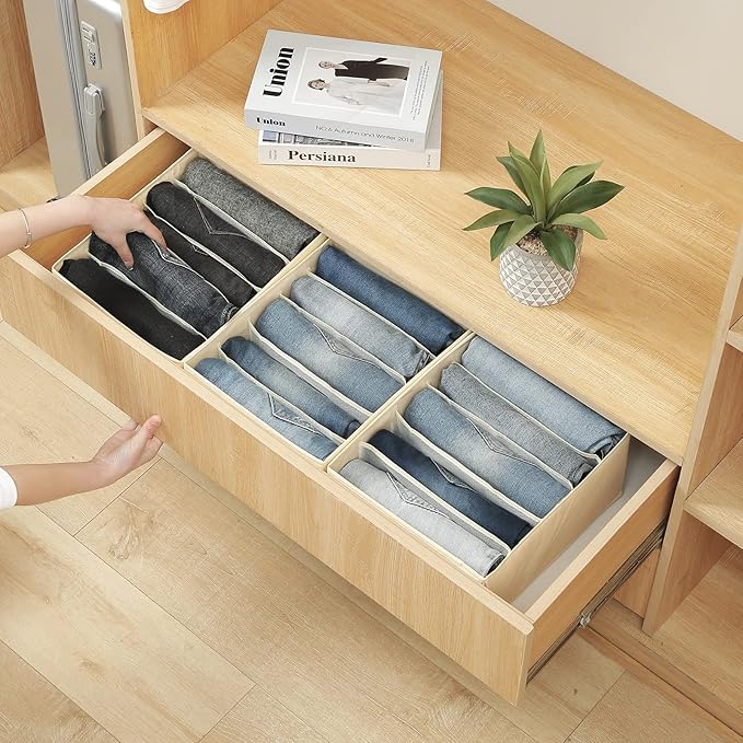 Qozary Jeans Pants Organizer for Closet, 4 Pack Drawer Organizers for Clothing, 5 Grids Wardrobe Clothes Organizer, Jean Orga