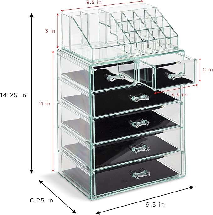 Sorbus Acrylic Makeup Organizer Set, 6-Drawer Vanity & Countertop Cosmetic Storage with Small & Wide Compartments, Teal Thril