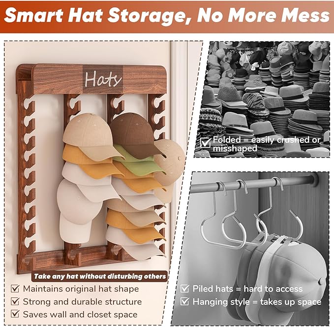 Wall-Mounted Cowboy Hat Rack- Rustic Burnt Pine Hat Organizer with 40-Slot Display, Farmhouse Hat Holder for Men & Women, Hat