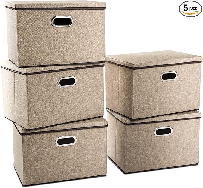 PRANDOM Large Collapsible Storage Baskets with Lids [5-Pack] Jute Fabric Foldable Storage Bins Boxes Organizer Containers Cub
