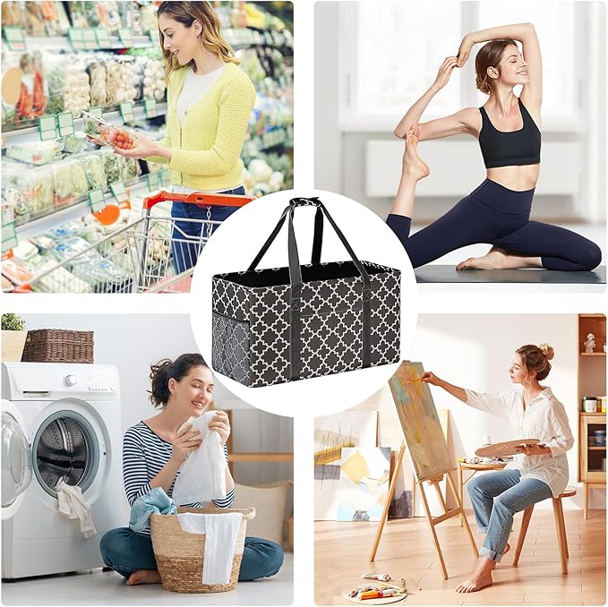 GhvyenntteS Extra Large Utility Tote Bag - Stand Up Utility Tote with Metal Wire Frame & Hard Bottom Board, Reusable Grocery Bags With Handles for Storage, Picnics, Beach, Pool, Laundry, Car, Camping