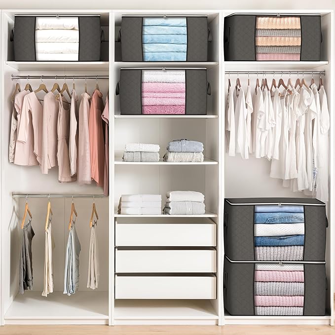 90 L Large Storage Bags, 6 Pack Clothes Storage Bins Foldable Closet Organizers Storage Containers with Reinforced Handle for