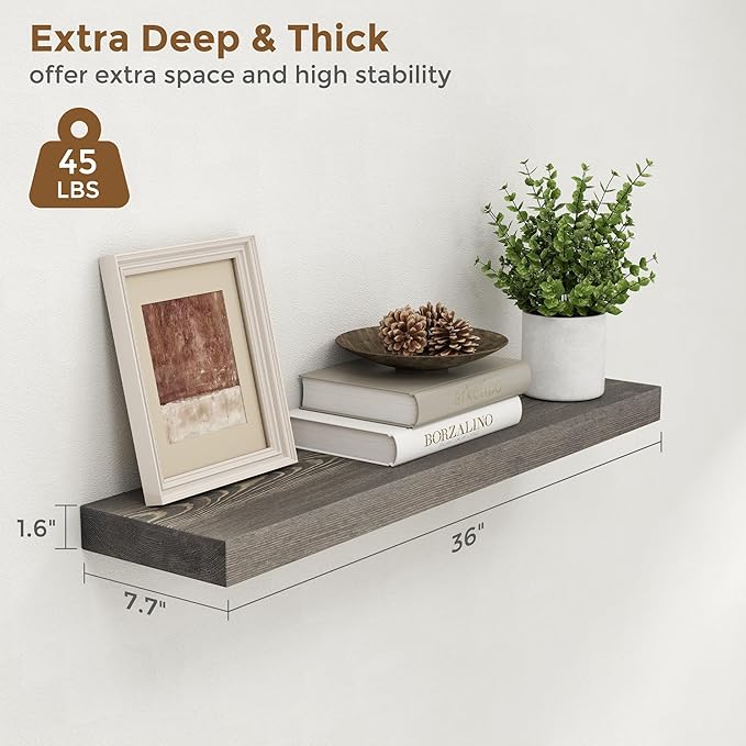 Marsmiles Floating Shelves for Wall - 36 Inch Grey Wood Floating Shelves Set of 2-36 Inch Wide x 7.7 Inch Deep x 1.6 Inch Thi