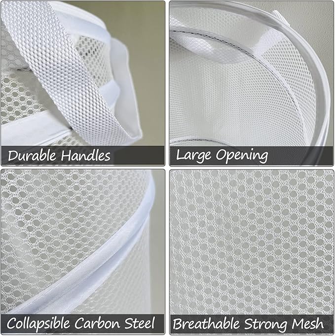 BATTOO Collapsible Laundry Basket Foldable Mesh Pop Up Hamper with Handles for Laundry Room, Bathroom, Kids Room, College Dor