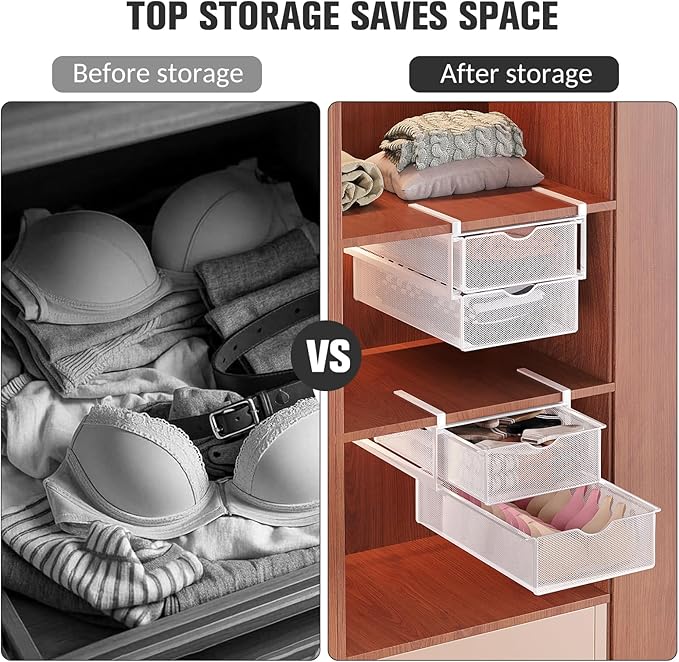 Underwear Drawer Organizer for Closet, Hanging Pull-Out Bra Sock Lingerie Storage Basket - Double-Layer Mesh Undergarment Org