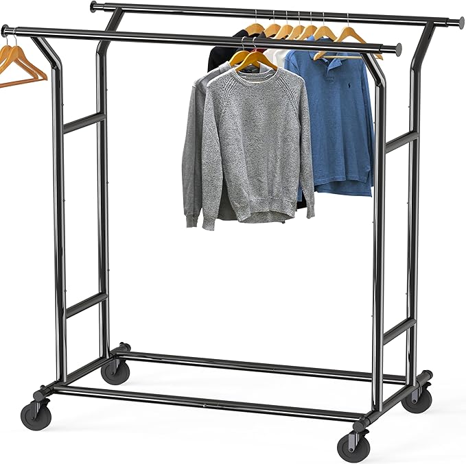 Simple Houseware Heavy Duty Double Rail Clothing Garment Rack, Holds Up to 200 lbs, 43 to 67 Inches Extendable Rod, Black