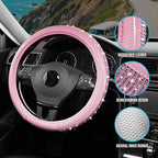 Road Comforts Bling Steering Wheel Cover – Pink Diamond Design, Universal Fit 14.5-15 Inch, Microfiber Leather, Anti-Slip & B