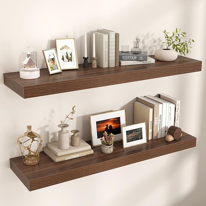 Floating Shelves for Wall, 48" W x 12" D x 2" H, 2 Pack of Long Wall Mounted Engineered Wood Shelves with Invisible Brackets 