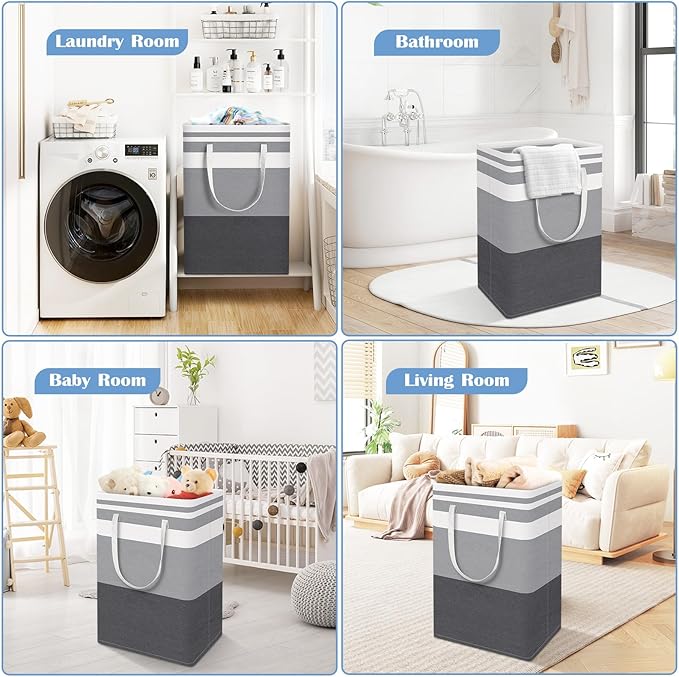 BlissTotes 3-Pack Laundry Basket, Freestanding＆Waterproof Laundry Hamper, Collapsible Tall Clothes Hamper with Easy Carry Han