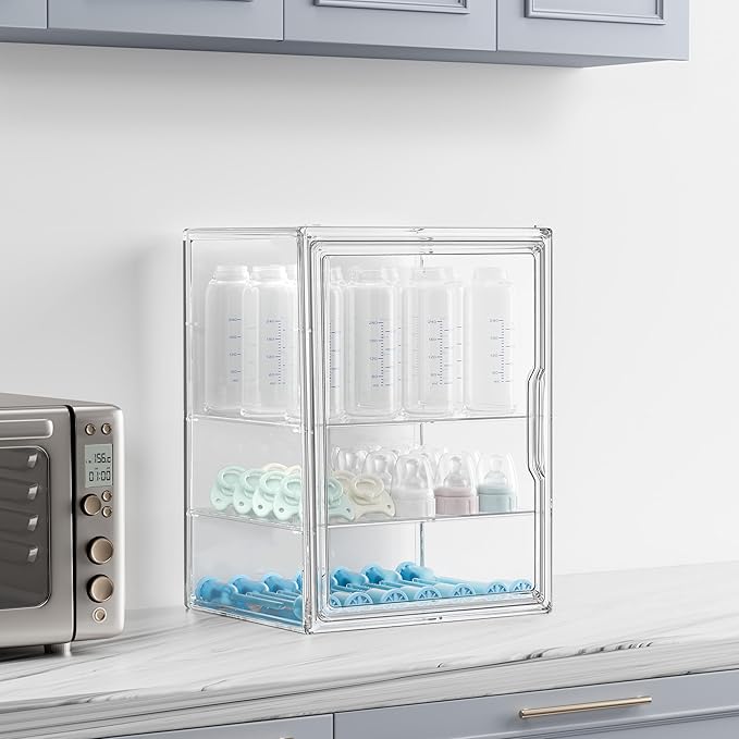 HBlife Baby Bottle Storage Organizer for Countertop Cabinet, 3 Tiers Adjustable Clear Acrylic Bottles Storage Station Case Bo