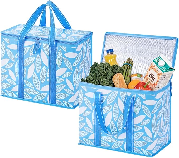 VENO 2 Pack Cooler Bag, Insulated Grocery Bags for Food Delivery, Collapsible Cooler, Reusable Shopping Bags for Groceries, Hard Bottom, Zippered, Foldable (Spring Breeze, 2 Pack)