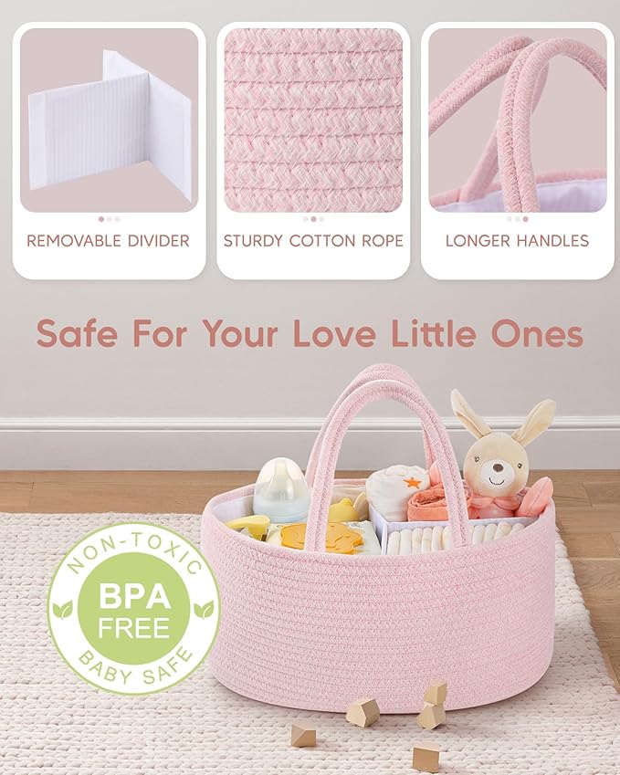 Maliton Baby Diaper Caddy Organizer, Cotton Rope Diaper Caddy Basket, Large Storage Basket for Newborn Boys and Girls, Gift f