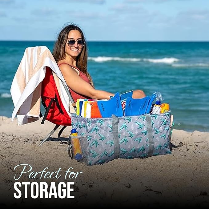 Extra Large Utility Tote Bag - Oversized Collapsible Reusable Wire Frame Rectangular Canvas Basket With Two Exterior Pockets For Beach, Pool, Laundry, Car Trunk, Storage - Turtle