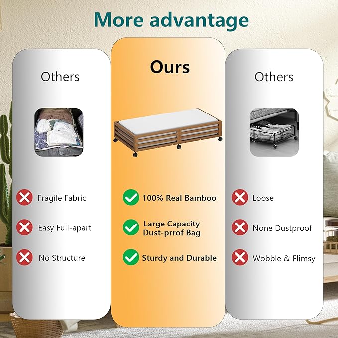 Wisuce Bamboo Under Bed Storage Containers- Underbed Organizer with Wheels with Large Dust Bag,Sturdy Wood Rolling Under the 