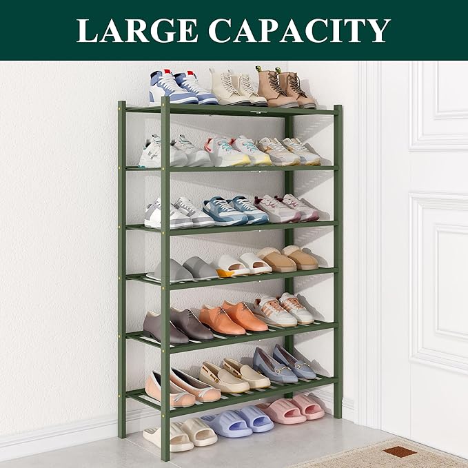 Smiry Bamboo Shoe Rack for Closet, 6 Tier Wooden Stackable Shoe Organizer, Free Standing Shoes Storage Shelf for Entryway, Fr