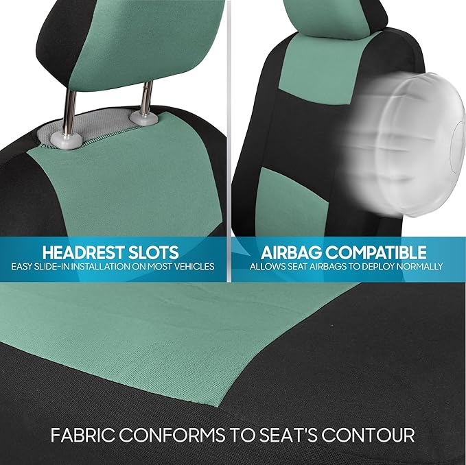 BDK PolyPro Car Seat Covers Full Set in Mint on Black – Front and Rear Split Bench Seat Covers Accessories for Auto Trucks Va