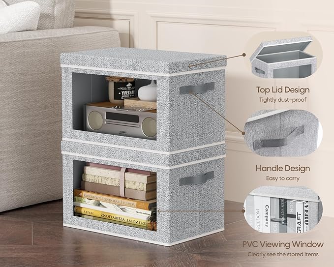 Homsorout Collapsible Storage Bins with Lids - Stackable Storage Containers with Window, 3 Pack Fabric Bins for Closet, Home 