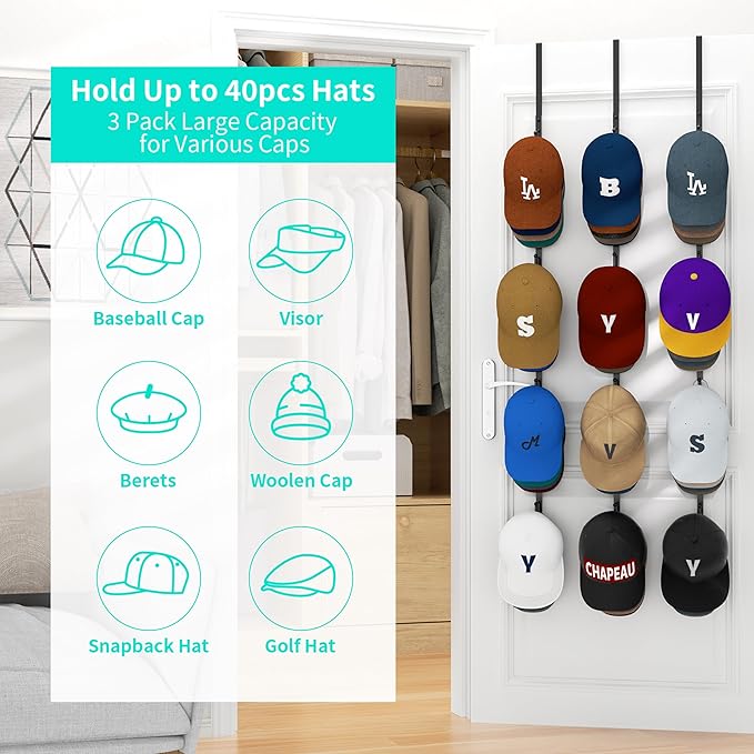 HapiRm Over Door Hat Rack - 3 Packs Hat Organizer with 12 Hooks Design, Hanging Baseball Cap Organizer Storage Holds Up to 60