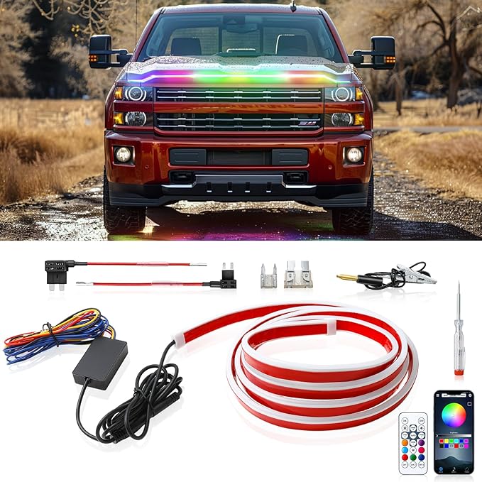94.5 Inch Car Hood Light Strip, White Exterior Dynamic Car LED Hood Light, Flexible & Waterproof, Universal Exterior Daytime Running Light Strip with Fuse Protection for Cars, SUVs, Trucks