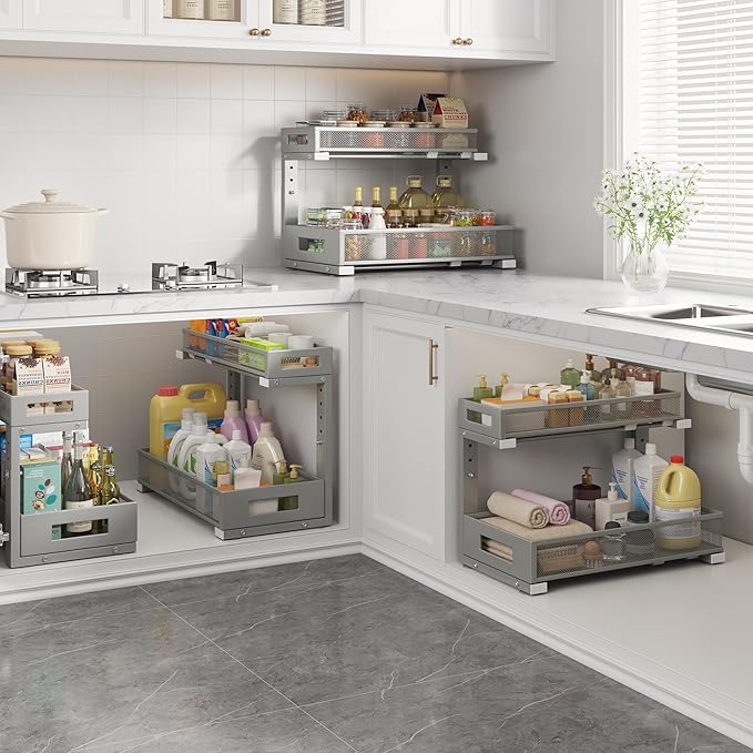 2 Pack 17IN Depth Under Sink Storage Organizer, Large 2-Tier Elegant Mesh Pull Out Shelf for Kitchen and Bathroom Cabinet Org