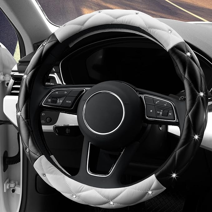 YOGURTCK Cute Diamond Soft Leather Anti-Slip Steering Wheel Cover with Bling Bling Crystal Rhinestones, Universal 15 Inch for