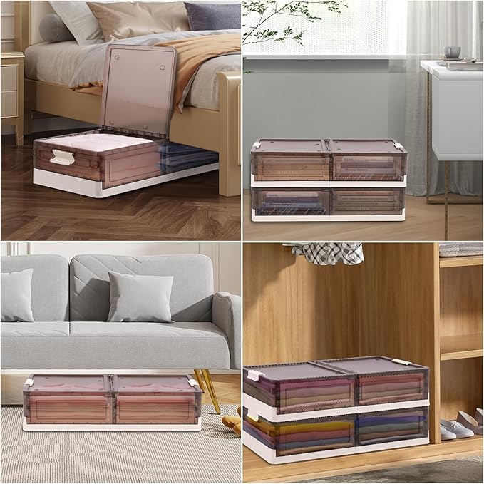 FAHKNS 2 Pack Under Bed Storage with Wheels, 17.2Gal Stackable Under Bed Storage Containers with Lids, Plastic Collapsible Or
